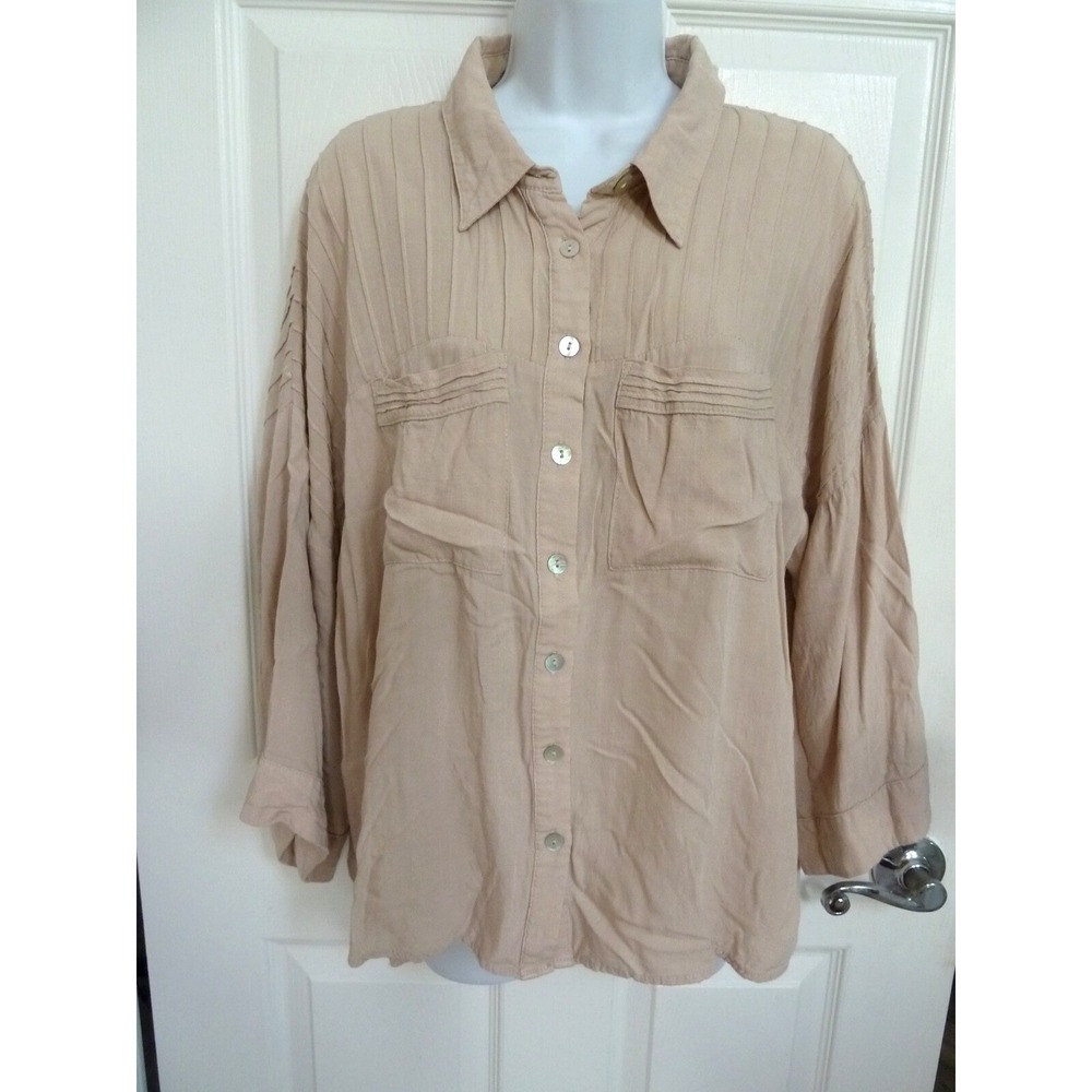 *BY TOGETHER Sz Large Boho Chic Roll-Tab Wide Sleeve Blouse Pin-Tucked Oversized